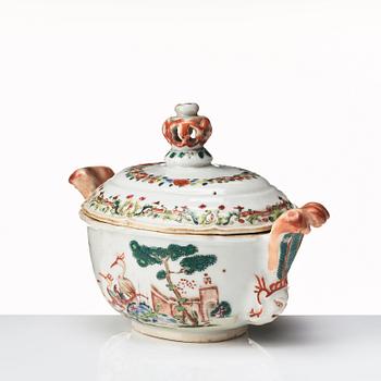 A european subject famille rose butter tureen with cover, Qing dynasty, Qianlong (1736-95).