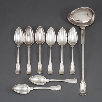 EIGHT SWEDISH SILVER SPOONS AND A SOUP LADEL, Möllenborg Stockholm and GAB, 19-20th century.