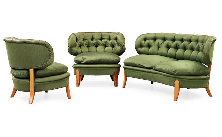 A set of Otto Schulz sofa and a pair of armchairs, model 'Schulz', Jio Möbler, Jönköping, Sweden.