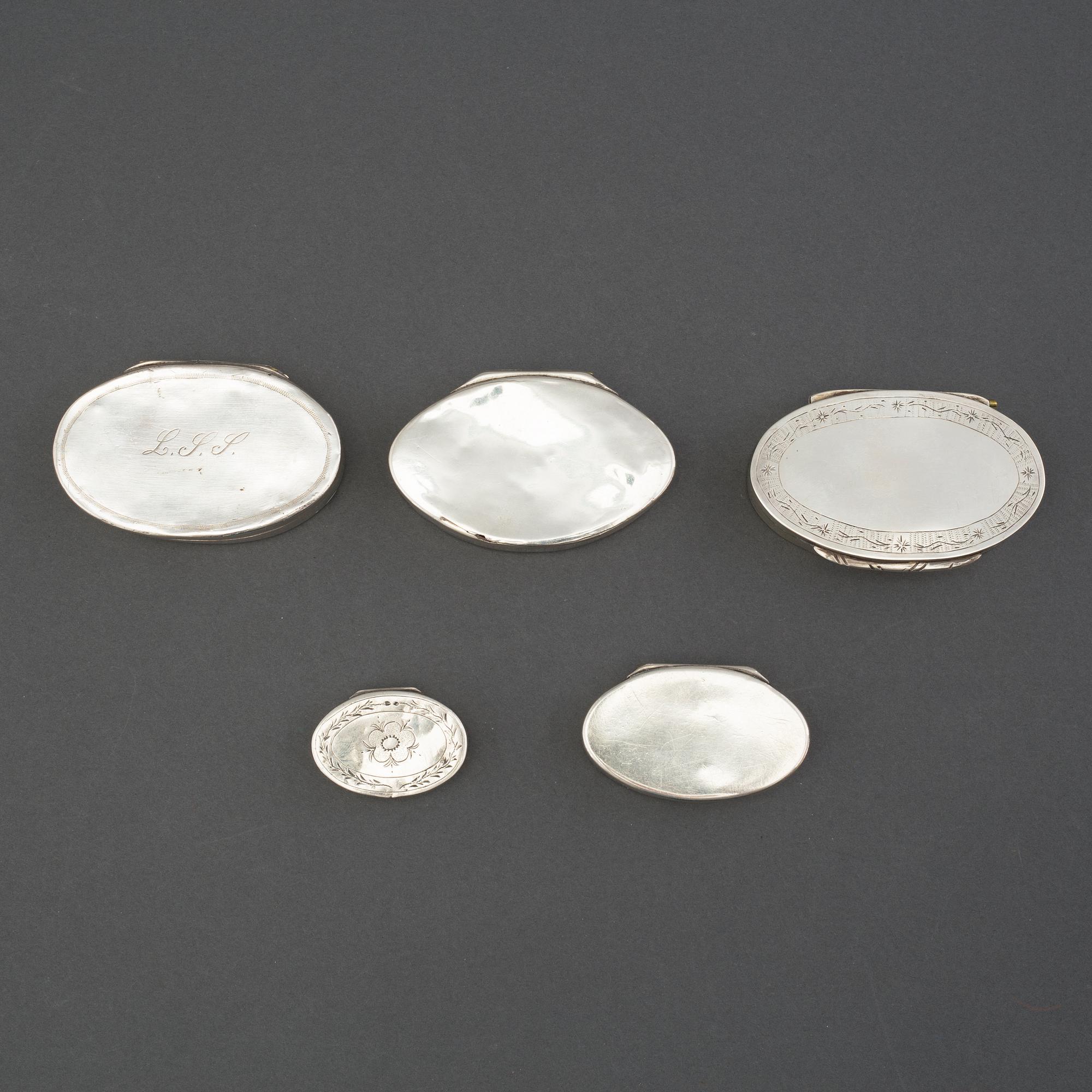 A set of five swedish silver boxes, mid 19th century.