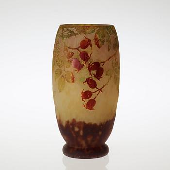 A Daum Art Nouveau cameo glass vase with rose-hips and leavage in autumn colours, Nancy, France.