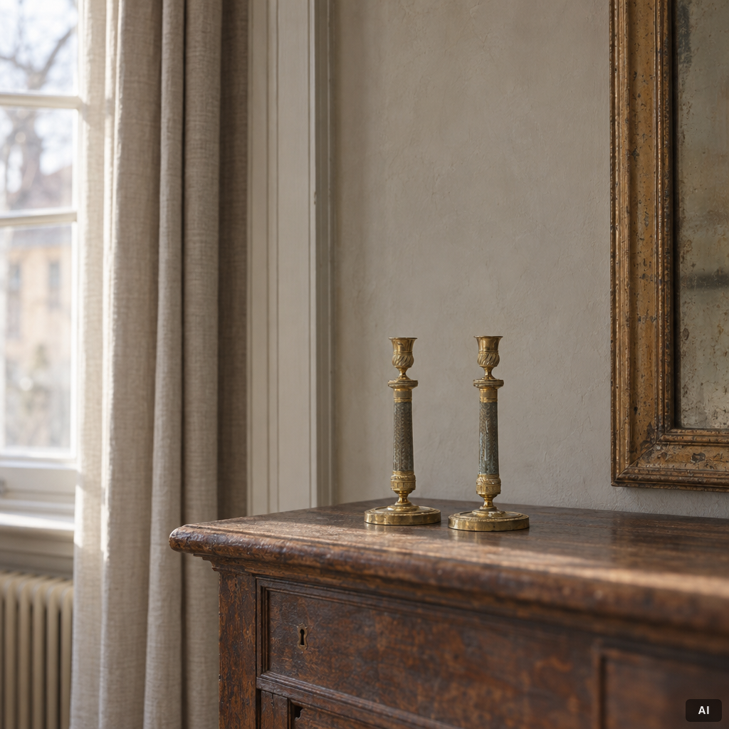 A pair of French Empire ormolu candlesticks, early 19th century.
