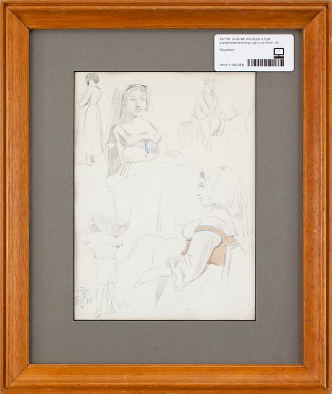 GUSTAF WILHELM PALM, akvarellerad teckning, sign o dat Rom -44.