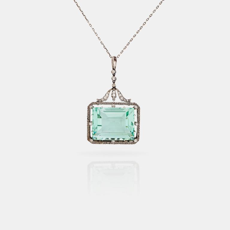 A circa 37.00 ct aquamarine and rose- and old-cut diamond pendant.