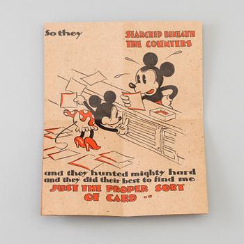 a Mickey Mouse wooden figure and a borthday card, Ringqvists Tryckeri och kartongfabrik, Norrköping 1946.