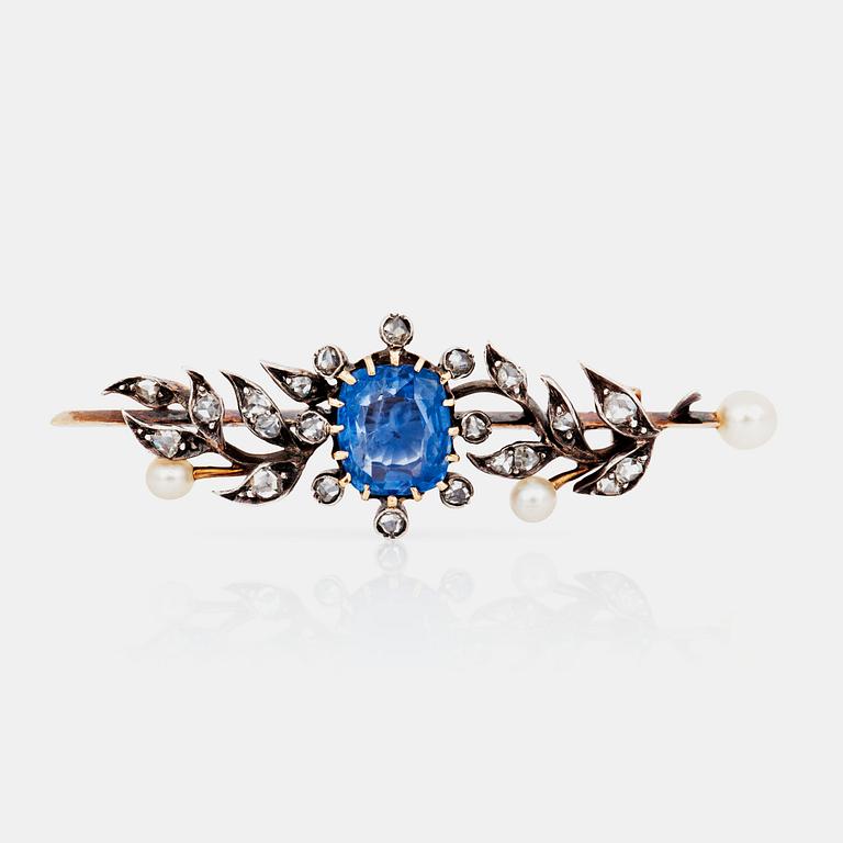 A sapphire, pearl and rose-cut diamond brooch.