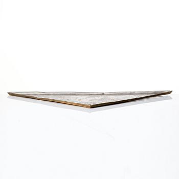 Anna Petrus, a Swedish Grace triangular engraved pewter plated copper tray, executed in her own workshop, Sweden ca 1924.