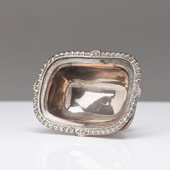 A pair of 20th century coasters, white metal and an English silver plated salt-cellar and A 20th c glass table-bell.