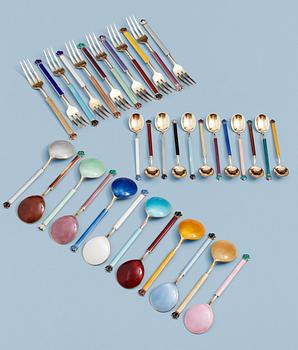 A David Andersen set of dessert ware, 36 pieces, Oslo probably 1950's-60's, sterling silver gilt and enamelled.