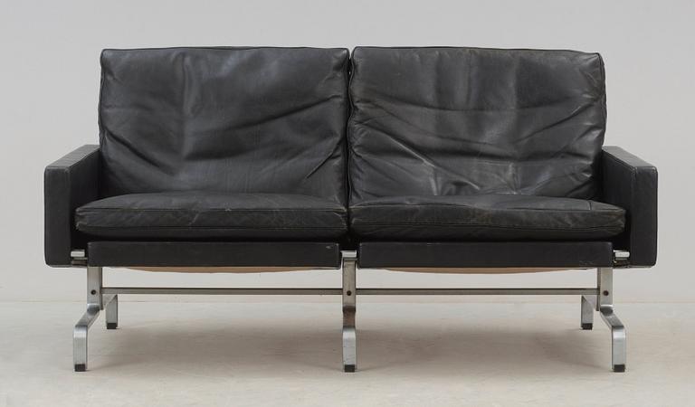 A Poul Kjaerholm 'PK-31-2' black leather and steel sofa, E Kold Christensen, Denmark.