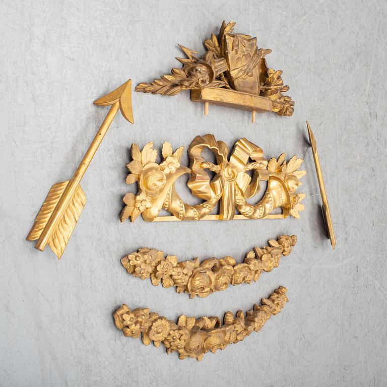 DEKORDELAR, 5 delar, trä, Sverige, 1700-tal och 1800-tal.