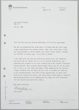 OLOF PALME. 18 hand signed letters dated September 1982-February 1986.