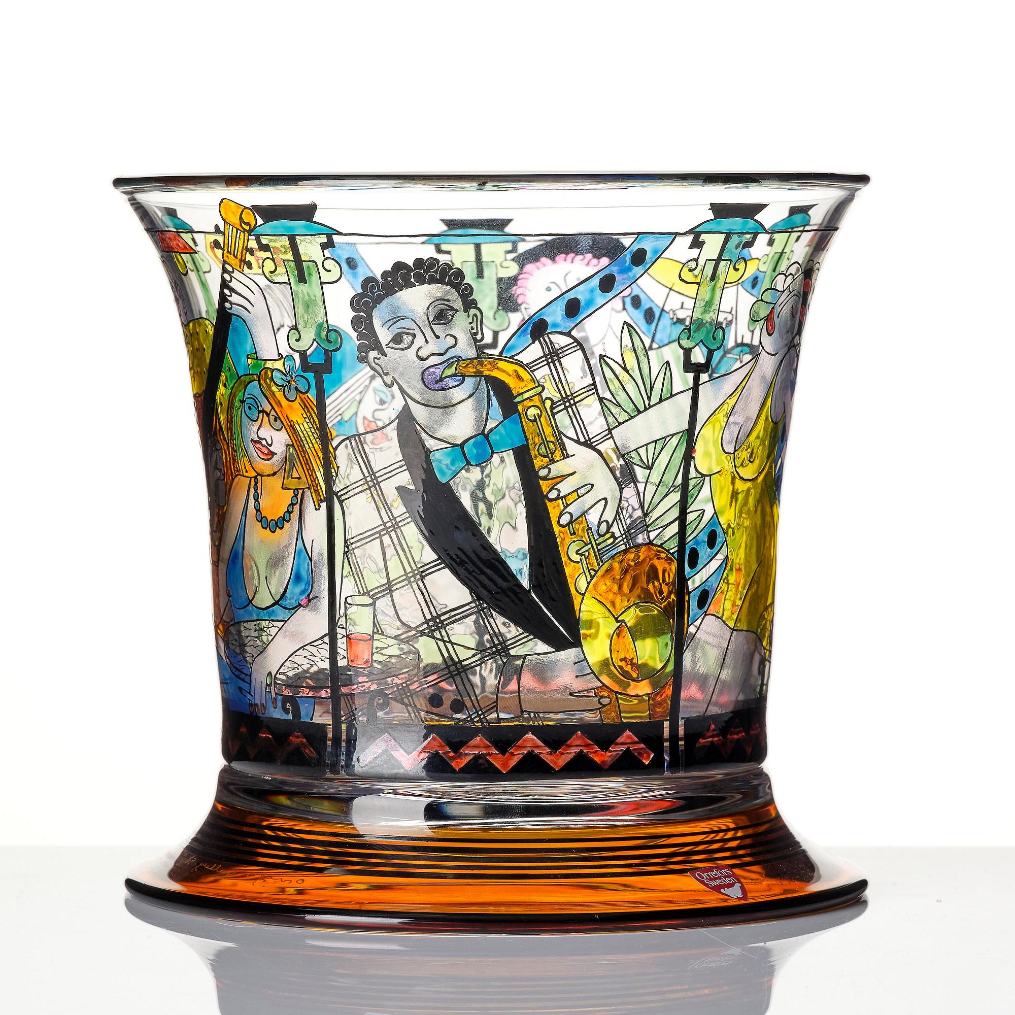 Gunnar Cyrén, a glass vase, "Jazz at the Café", Orrefors 1990.