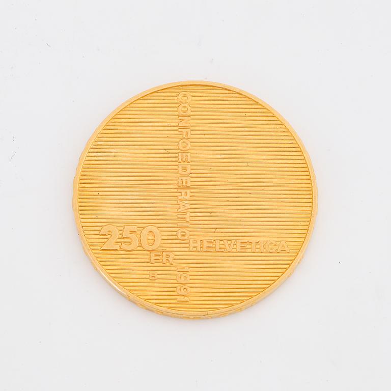 Goldcoin, Confoederatio Helvetica 1291-1991, 250 Fr.