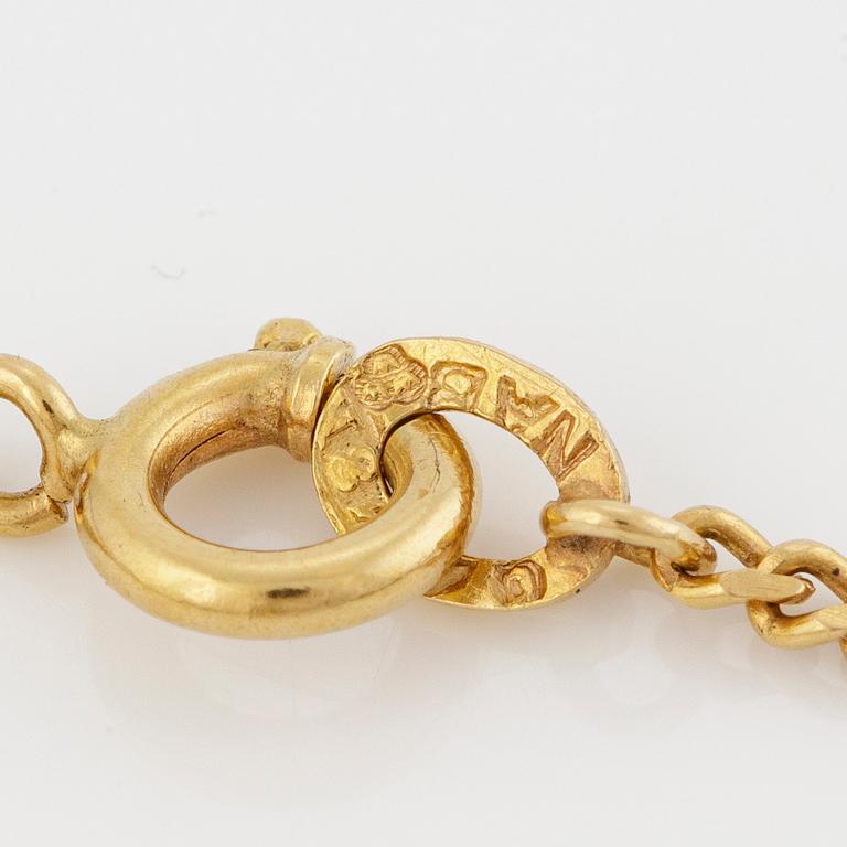 Pendant with chain, 18K gold and synthetic blue spinel, and pearl.