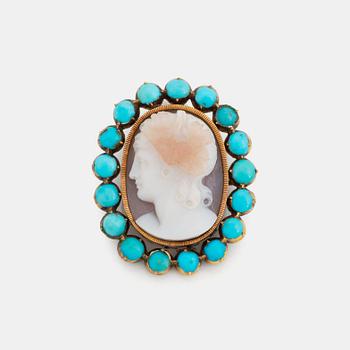 388. A hardstone cameo brooch with a detachable turquoise frame.