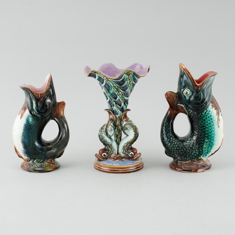 Three majolica vases, partly from Gustavsberg, around the year 1900.