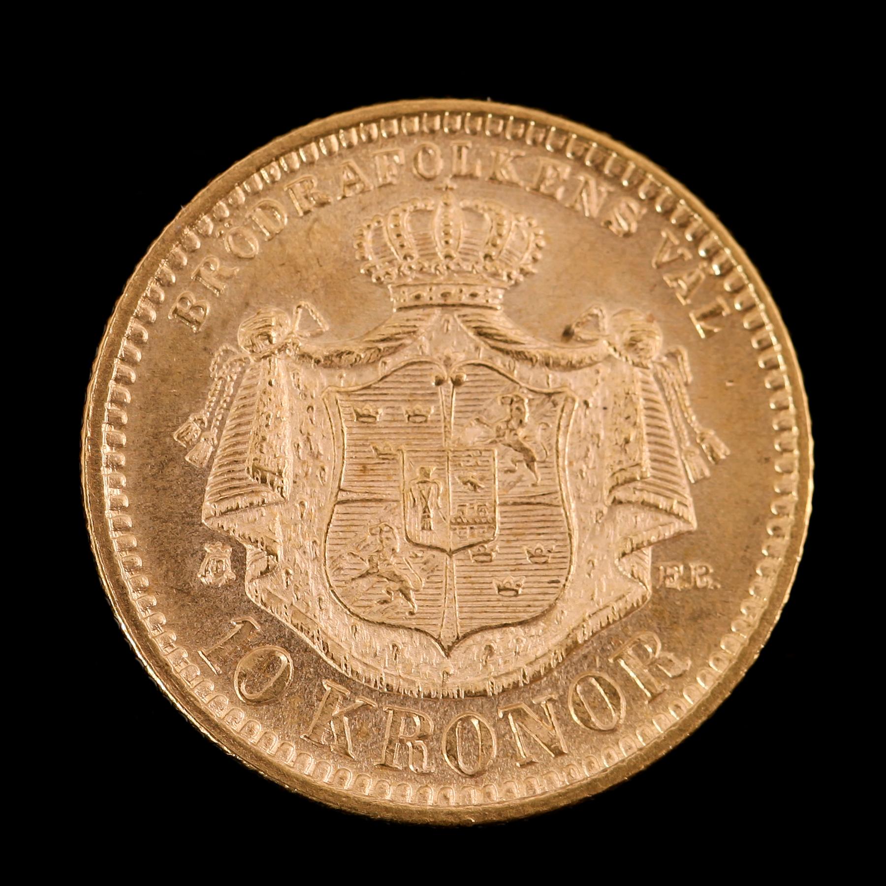 GULDMYNT, 10 kronor, Oscar II, 1894.  Vikt ca 5 gram.