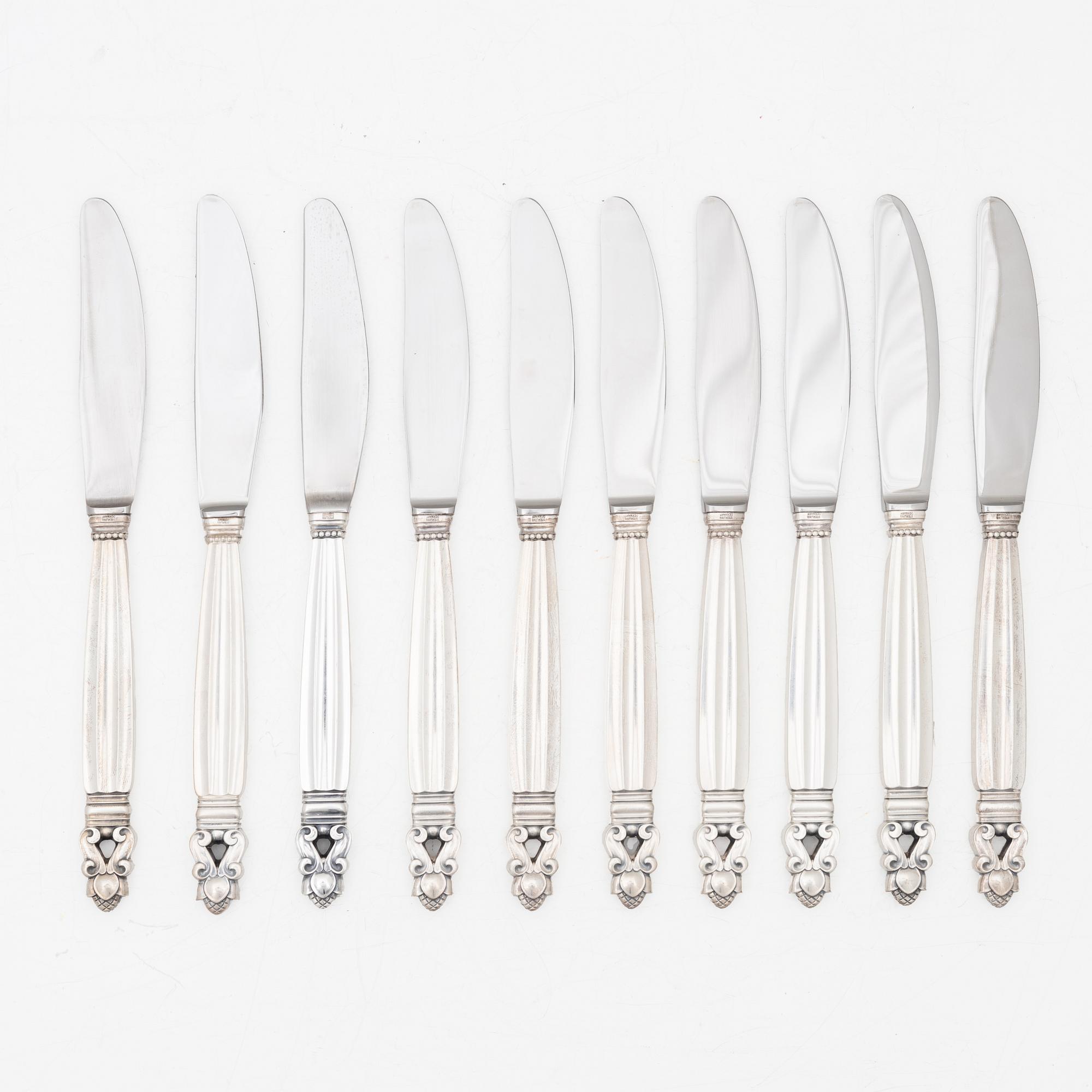 Georg Jensen, Knivar, 10 st, sterling silver, modell "Konge/Acorn", design Johan Rodhe, Danmark efter 1945.