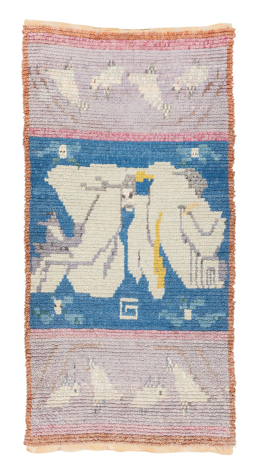 Sigrid Hjertén, matta, flossa, ca 190 x 95-96,5 cm (samt kortsidorna med ca 2,5-3 cm benvit slätväv med ljusgrå ornament).