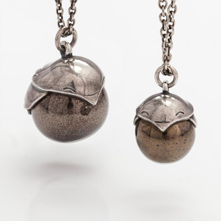 Kai Lindström, Two sterling silver neckalces with ceramic balls "Tintti". Kalevala Koru, Helsinki.