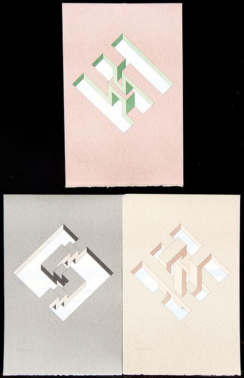 Oscar Reutersvärd, three color lithographs, signed 21/120, 21/120 & 23/120.