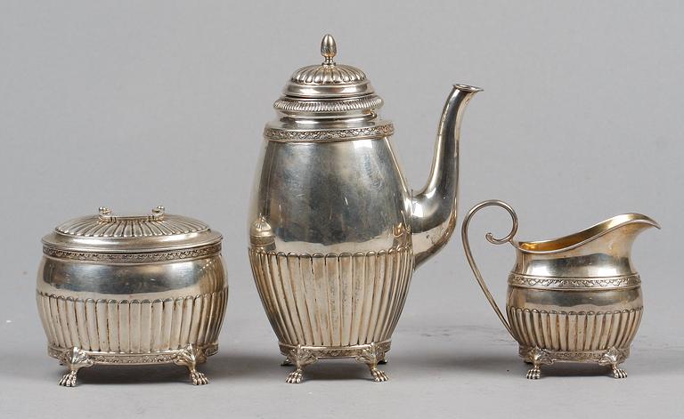 KAFFESERVIS, 3 delar, silver, empirestil, olika mästare, Kristianstad, 1919-1928.