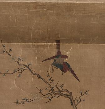RULLMÅLNING, fåglar och blommande kamelia och prunus, sen Qingdynastin (1644-1912).
