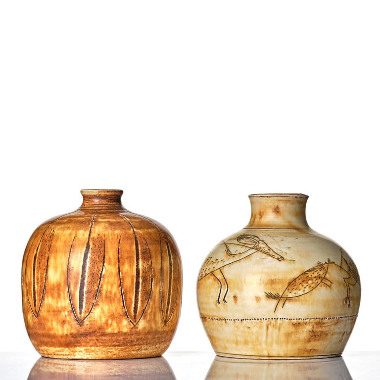 Anders Bruno Liljefors, two stoneware vases, Gustavsberg studio, Sweden ca 1949-50.