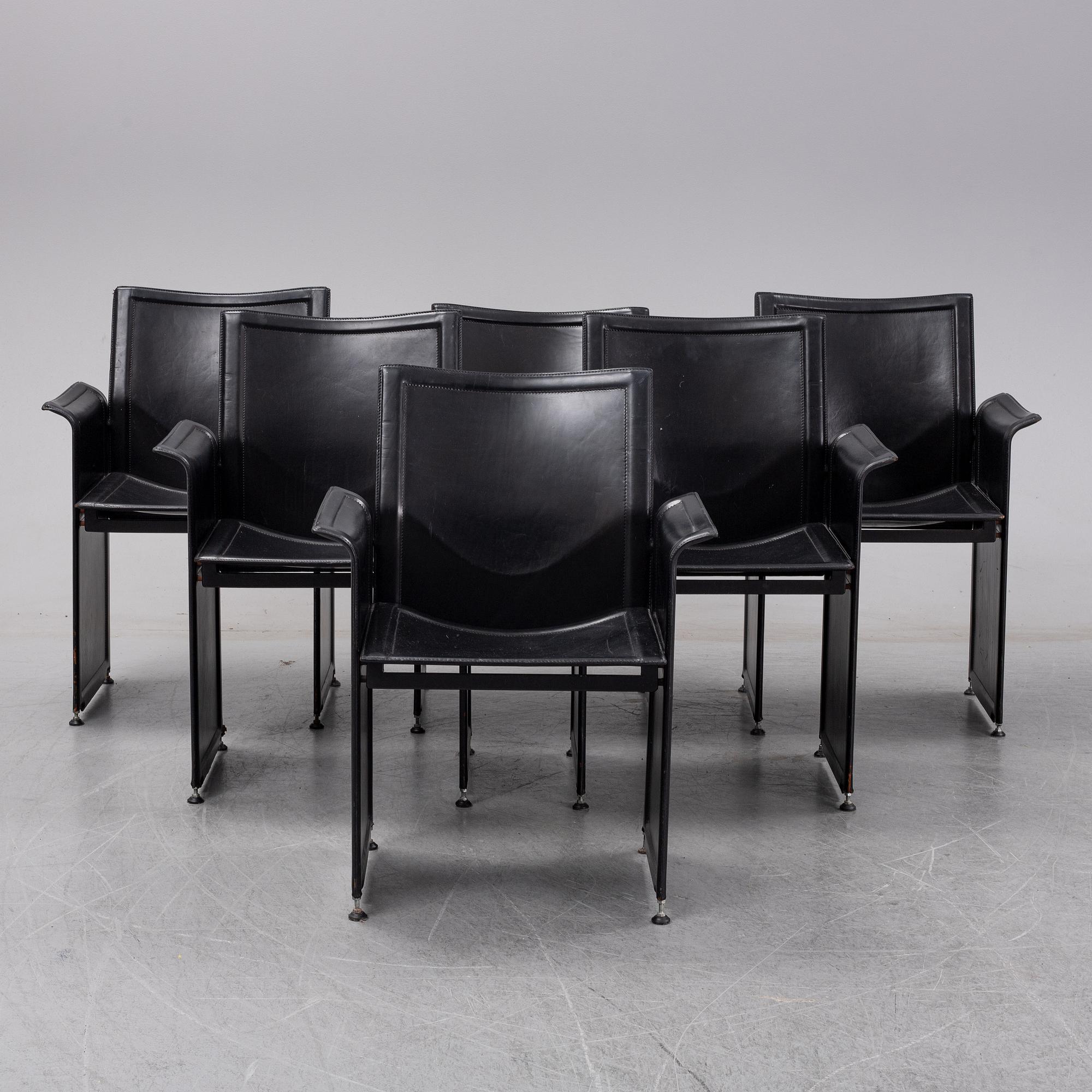 Tito Agnoli, 6 leather 'Korium' chairs.  Matteo Grassi.