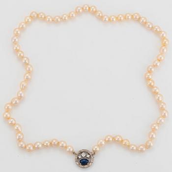 A Rey Urban cultured pearl necklace with an 18K white gold clasp set with a cabochon-cut sapphire.
