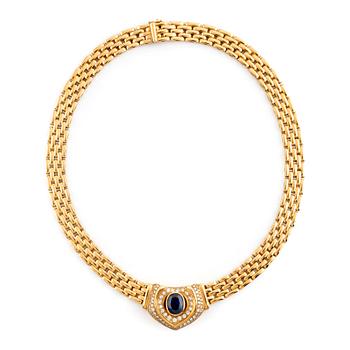 557. Gold, sapphire and round brilliant cut diamond necklace.