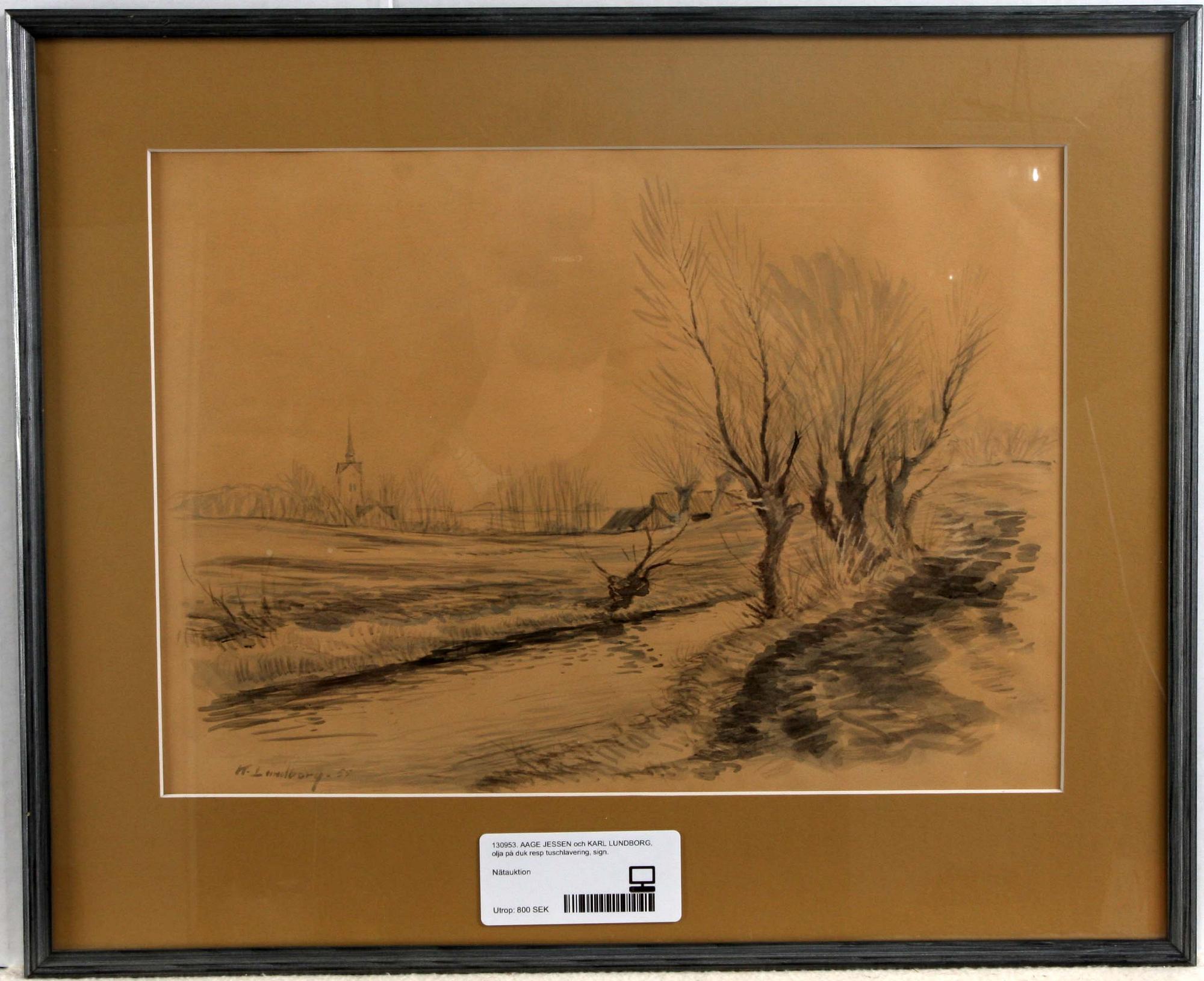 AAGE JESSEN och KARL LUNDBORG, olja på duk resp tuschlavering, sign.