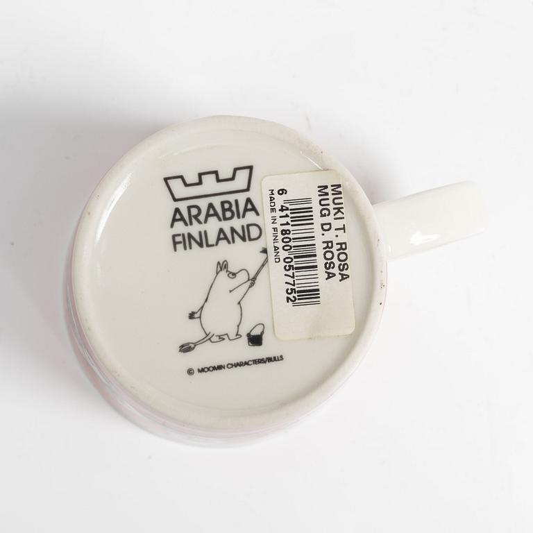 A Moomin mug, 'Dark rosa' with sticker, Arabia, Finland, 1991-99.