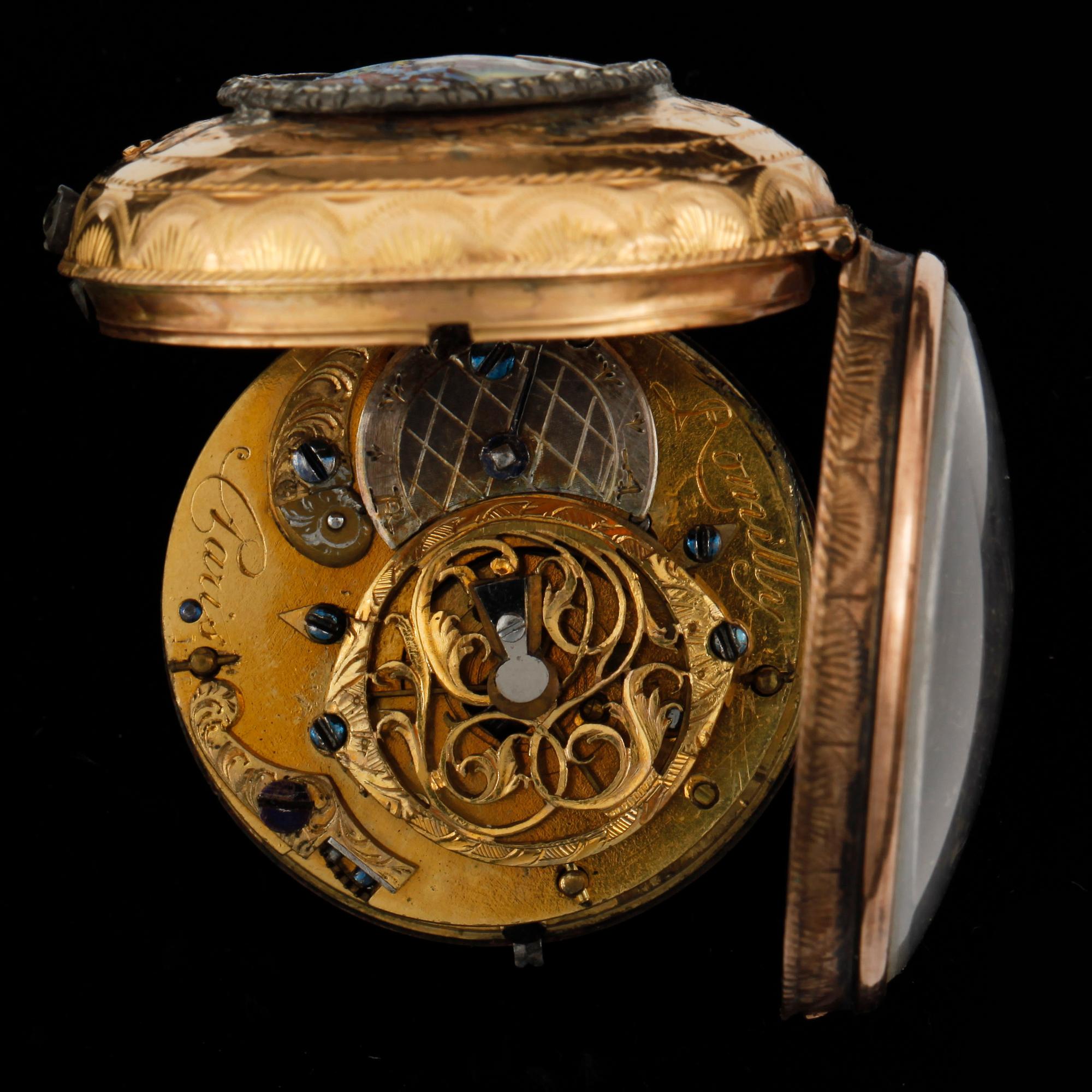 FICKUR, Spindelur, dam, 18k guld, Romilly, Paris, 1700-talets slut. Vikt 38g.
