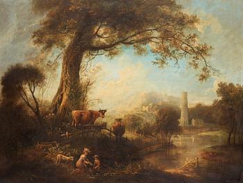 207. Elias Martin, Pastoralt flodlandskap med fiskare vid ett träd, i bakgrunden en stad.