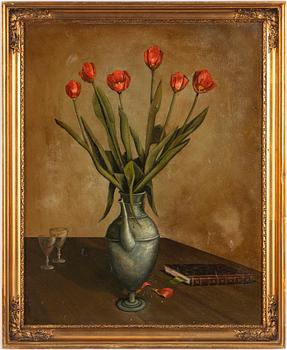 Okänd konstnär, Stilleben med tulpaner och bok.