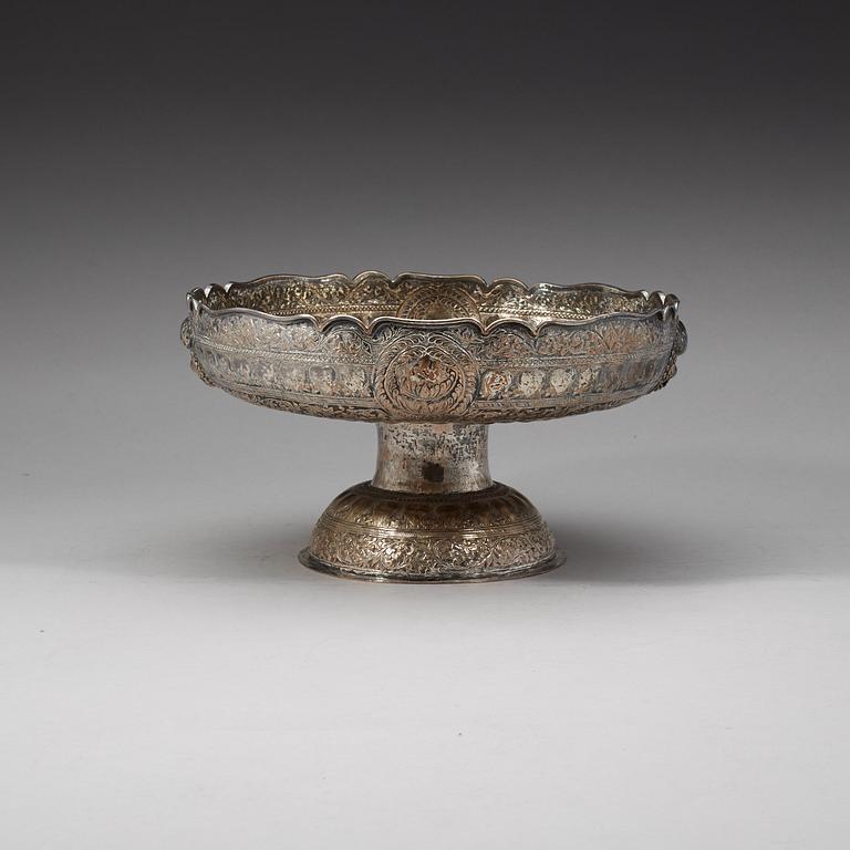 A large silver plated tazza, South East Asia, 19th Century.