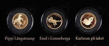 GULDMYNT, 3 st, Astrid Lindgren. Nr 573/1000. Tot vikt 25,8 gram.