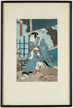 UTAGAWA KUNISADA (TOYOKUNI III) (1786–1864), färgträsnitt, tre st, Japan, 1800-tal.