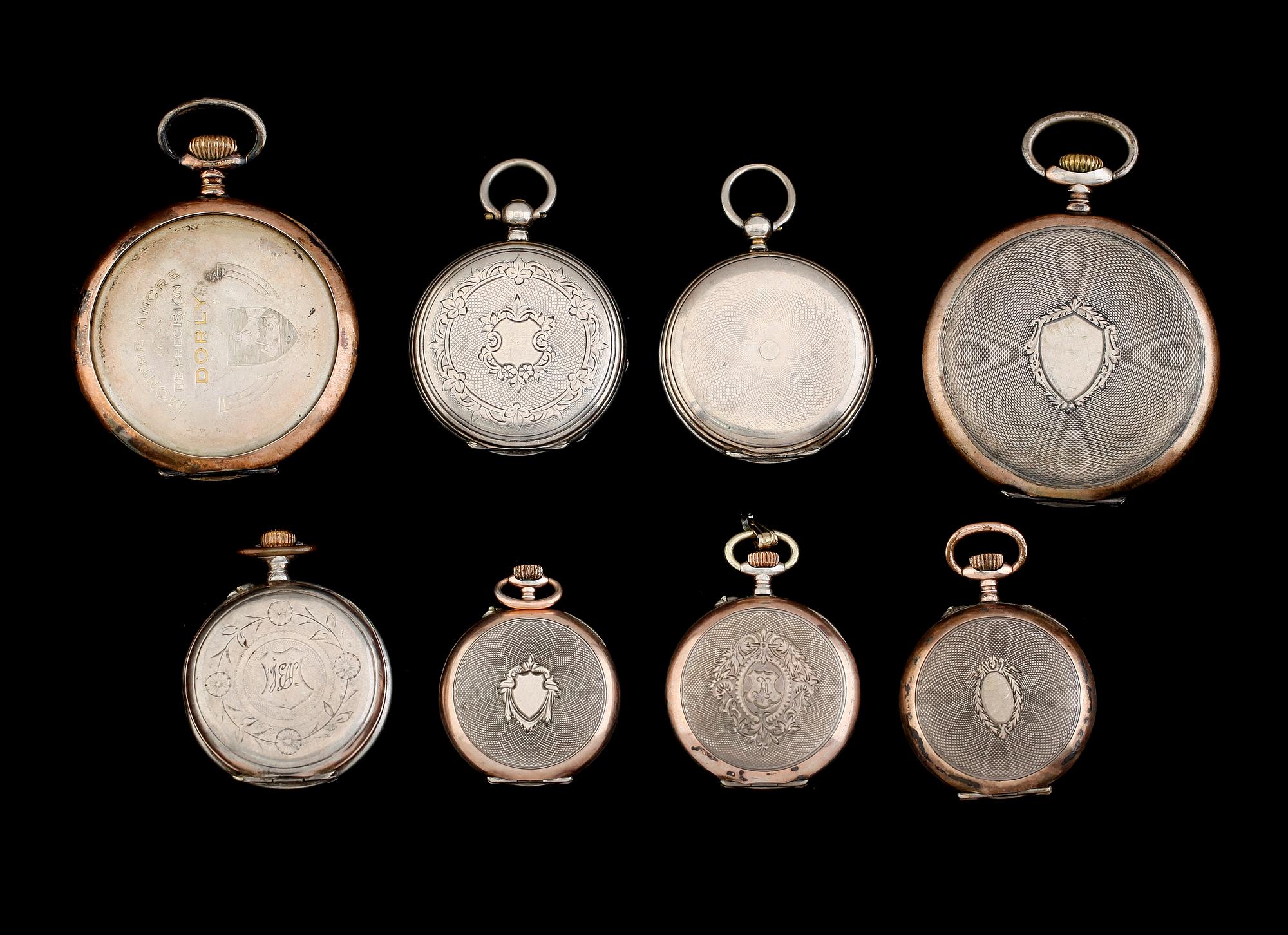 FICKUR, 8 st, varav 6 damur, silver och vitmetall, 1900-talets första hälft.