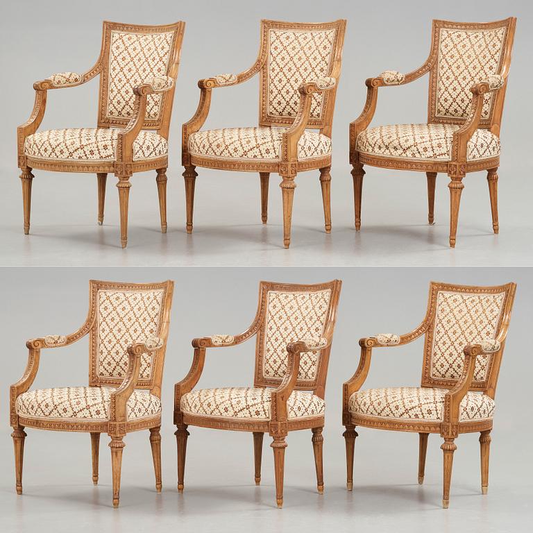 Six Gustavian late 18th century armchairs by Johan Lindgren, master in Stockholm 1770-1800.