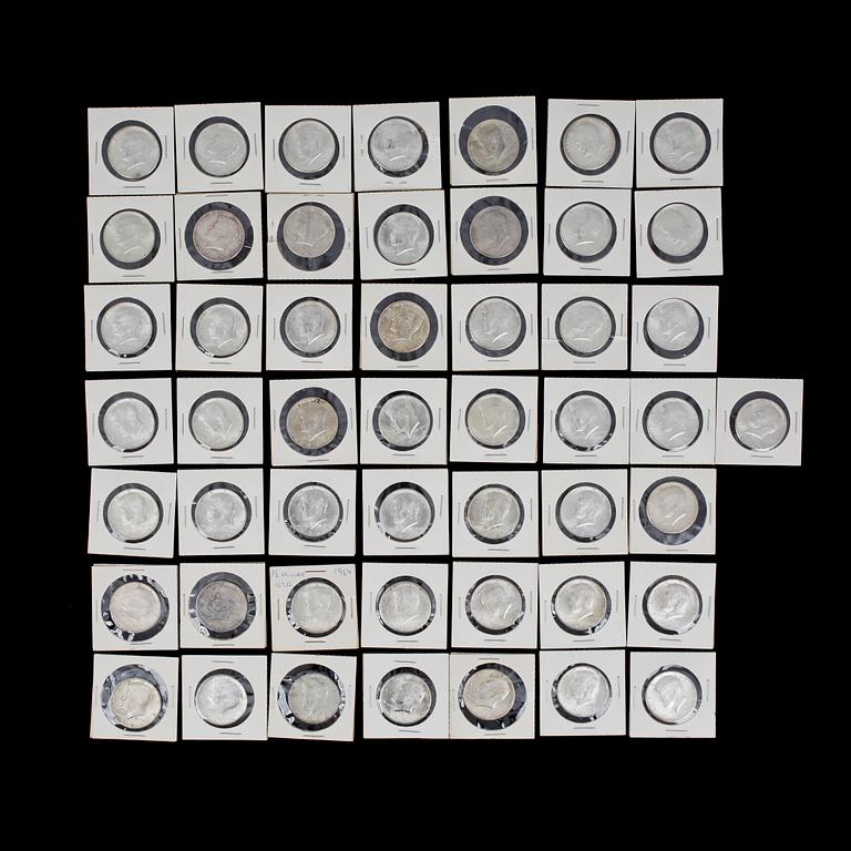 DOLLARMYNT, 50 st, silver, USA, half dollar 1964. Totalvikt ca 500 gram.