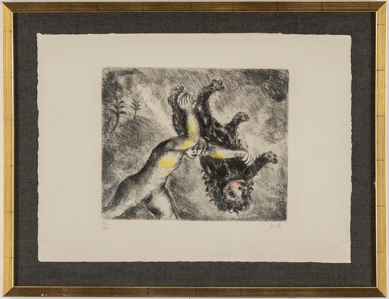 MARC CHAGALL, Etching with hand coloring, 1931-39,  signed and numbered 75/100.
