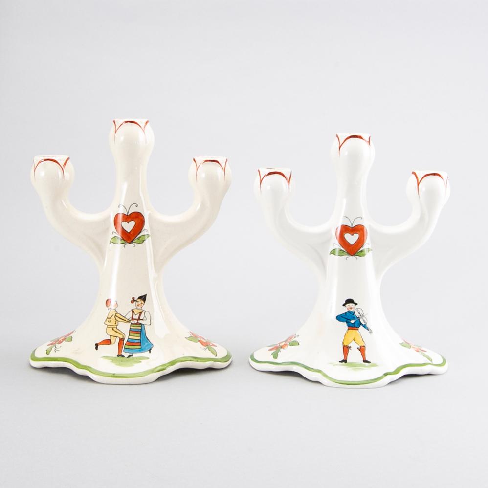 KANDELABRAR, ett par jugend, "Daldansen" Rörstrand tidigt 1900-tal flintgods.
