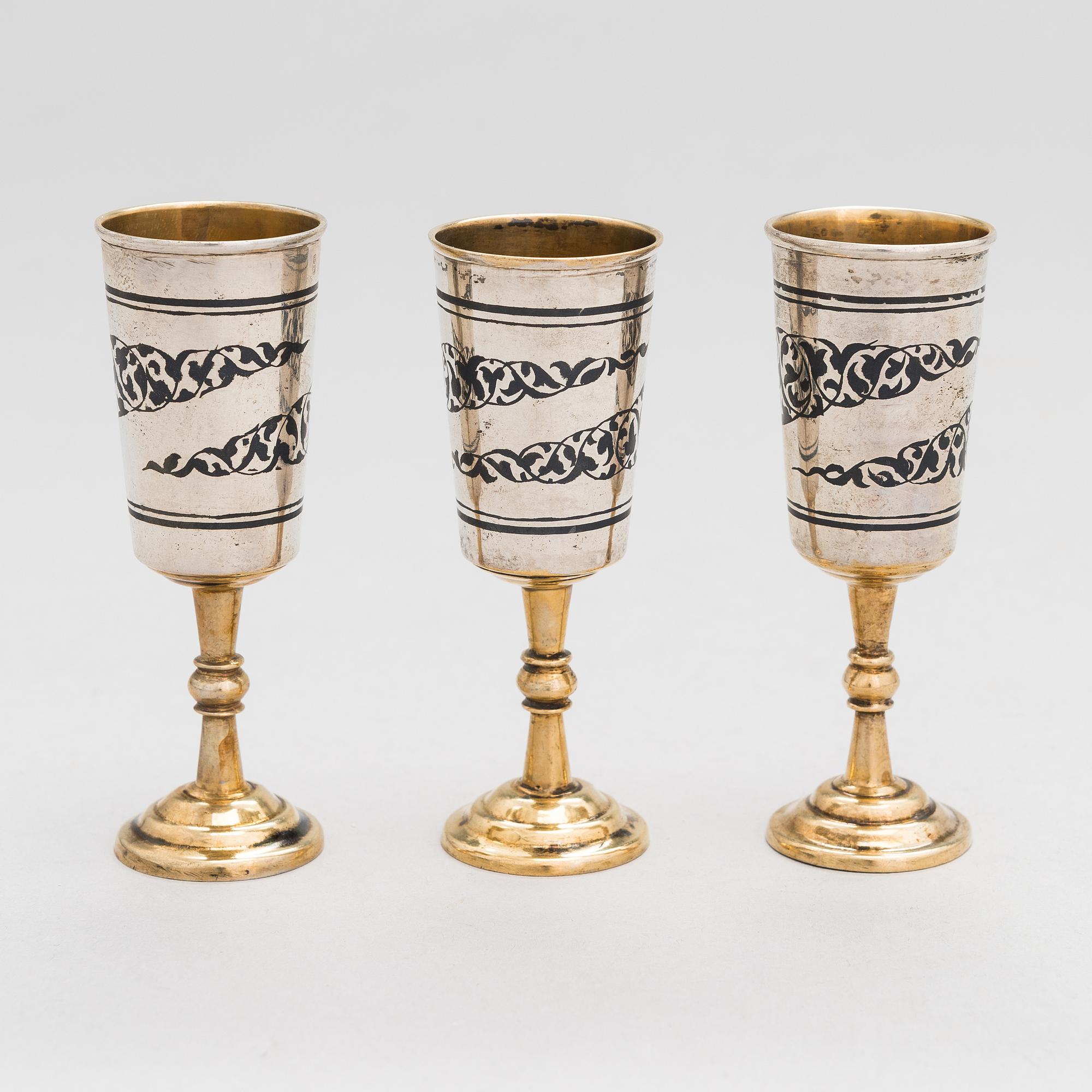 Servisdelar, 6 st, Kubachi, niello, silver, delvis förgyllt, Ryssland 1960-tal.