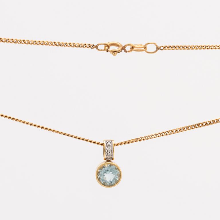 2 rings and 1 pendant 18K gold, brilliant-cut diamonds and 1 aquamarine ca 7 mm, chain metal.