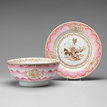 A massive famille rose 'Lotus' punch bowl with charger, Qingdynasty, Qianlong (1736-95).