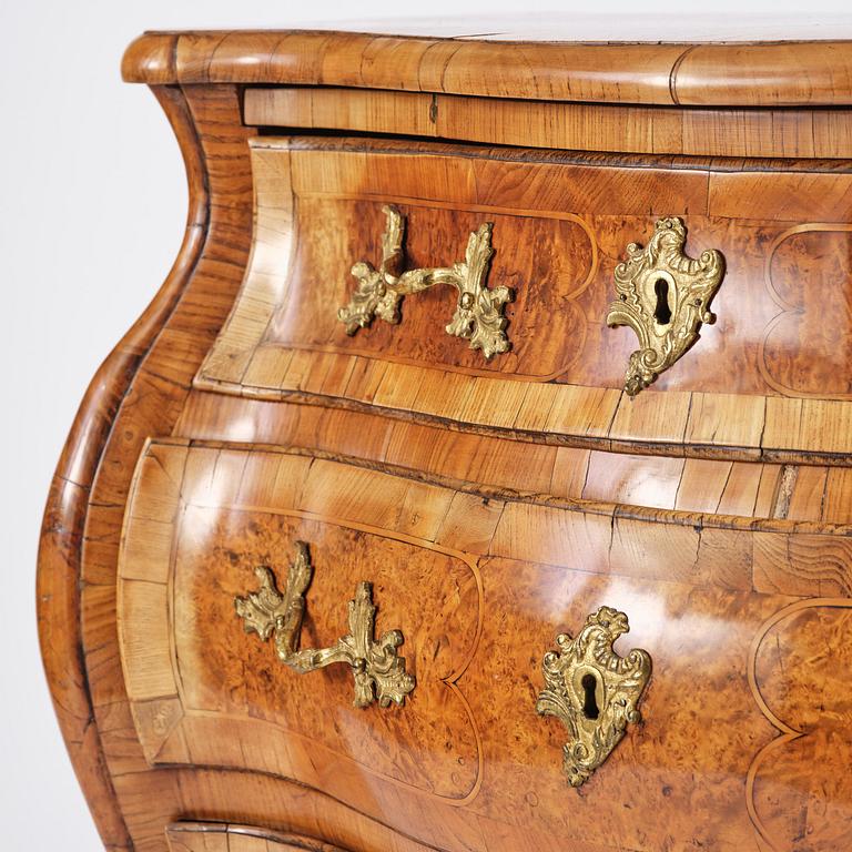 A burr alder parquetry rococo commode, Mälardalen, Sweden, later part 18th century.