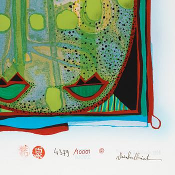 Friedensreich Hundertwasser, photo lithograph and silk screen with metal embossing, 1984. Signed and numbered 4379/10002.